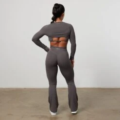 Vanquish Enhance Graphite Grey Ruched Flared Leggings -Vanquish Fitness Sales VQFit E commerceFeb24100258