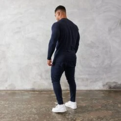 Vanquish Essential Navy Blue Slim Fit Long Sleeve T Shirt -Vanquish Fitness Sales vanquish essential navy blue slim fit long sleeve t shirt 331876