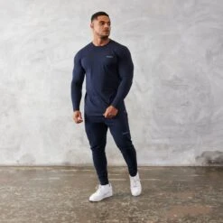 Vanquish Essential Navy Blue Slim Fit Long Sleeve T Shirt -Vanquish Fitness Sales vanquish essential navy blue slim fit long sleeve t shirt 917793